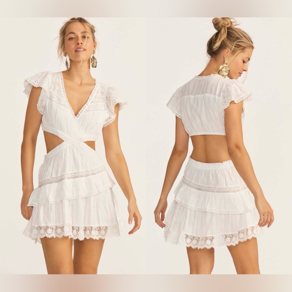 LoveShackFancy Audrina Cut Out White Mini Dress w/ Ruffle Detailing & Embroidery